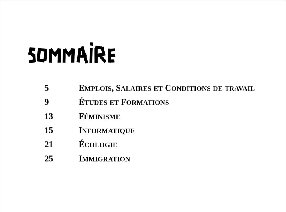 Sommaire avec 6 points :
- Emplois, salaires et condition de travail
- Études et formation
- Féminisme
- Informatique
- Écologie
- Immigration