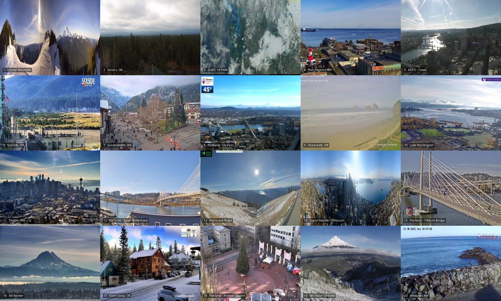 Webcams: Crystal Mtn | Sisters OR | Port Angeles | PDX Tower | Seaside | Leavenworth WA | PDX OHSU | Oceanside OR | Lake Washington | Queen Anne | Portland SW | Hurricane Ridge | Space Needle PanoCam | PDX Tilikum xing | Tacoma - Mt Rainier | Government Camp OR | Portland Pioneer Square | Mt Hood Skibowl | Westport WA