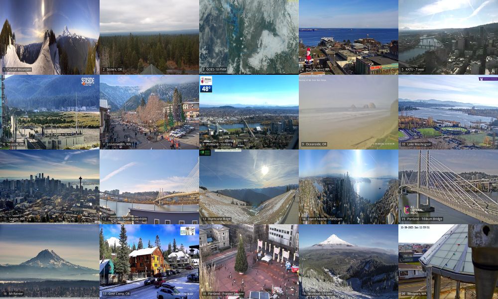 Webcams: Crystal Mtn | Sisters OR | Port Angeles | PDX Tower | Seaside | Leavenworth WA | PDX OHSU | Oceanside OR | Lake Washington | Queen Anne | Portland SW | Hurricane Ridge | Space Needle PanoCam | PDX Tilikum xing | Tacoma - Mt Rainier | Government Camp OR | Portland Pioneer Square | Mt Hood Skibowl | Westport WA