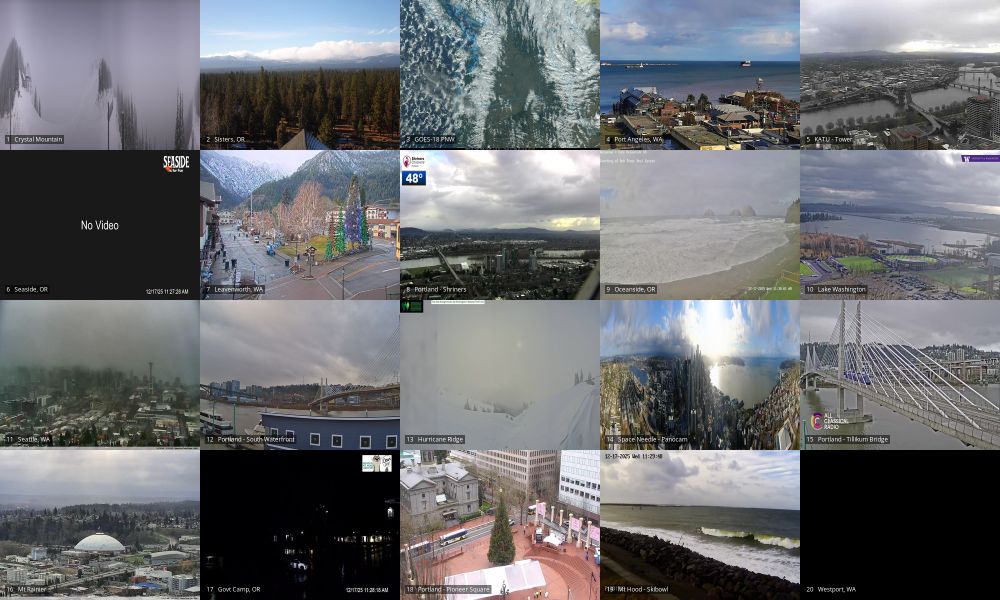 Webcams: Crystal Mtn | Sisters OR | Port Angeles | PDX Tower | Seaside | Leavenworth WA | PDX OHSU | Oceanside OR | Lake Washington | Queen Anne | Portland SW | Hurricane Ridge | Space Needle PanoCam | PDX Tilikum xing | Tacoma - Mt Rainier | Government Camp OR | Portland Pioneer Square | Mt Hood Skibowl | Westport WA