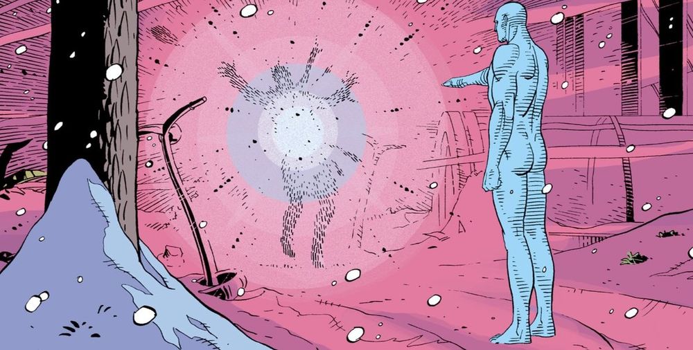 Panel from Watchmen depicting Dr Manhattan disintigrating someone.