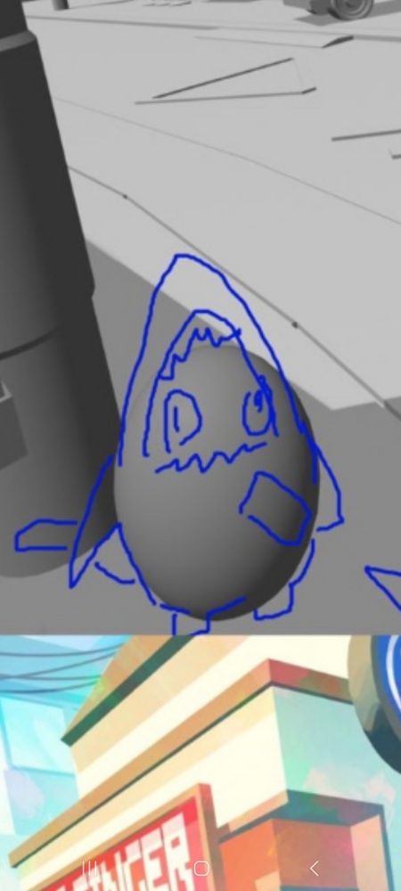 A 3D image of an egg with a rough shark sketch over it