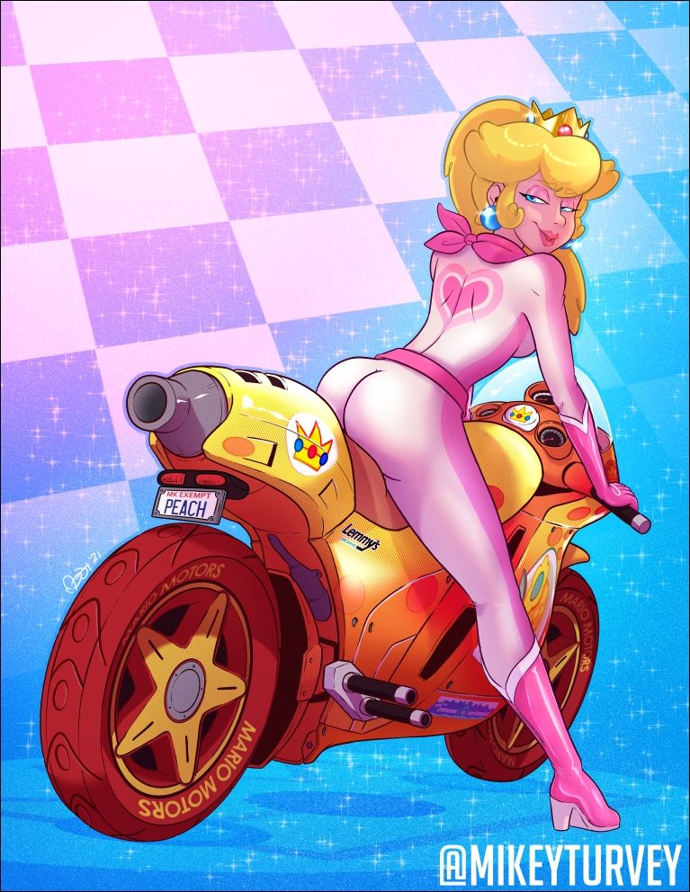 Princess Peach wearing pink racing gear sits on her yellow/orange motorbike. She looks mischevious.