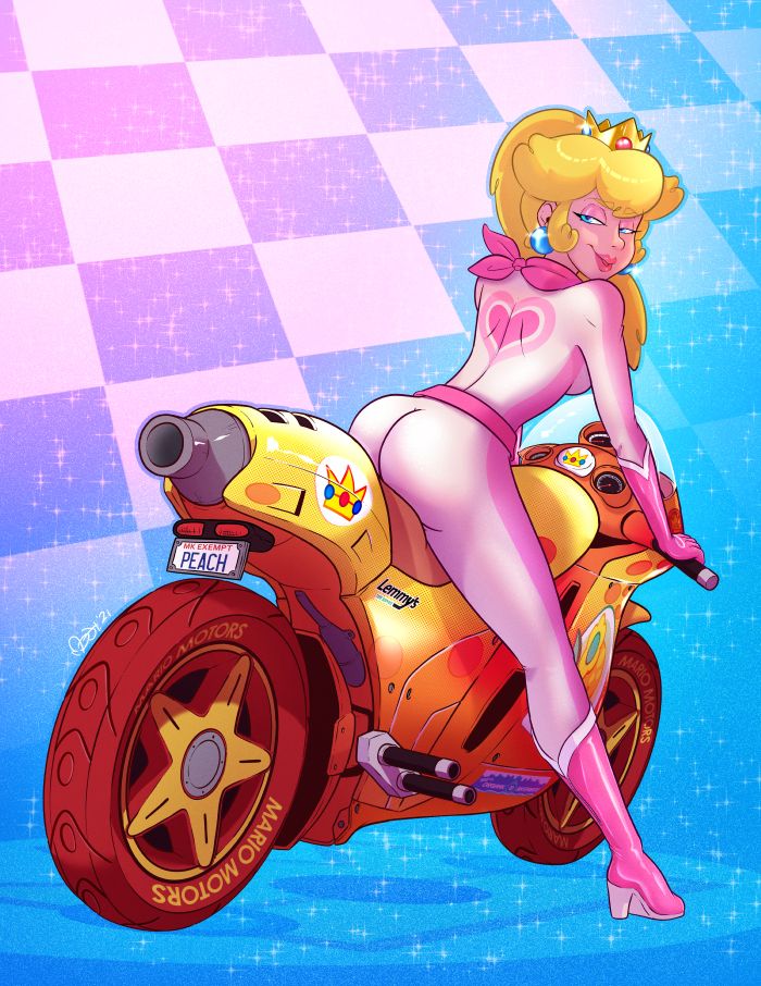 Illustration of Princess Peach sitting on an orange motorcycle.