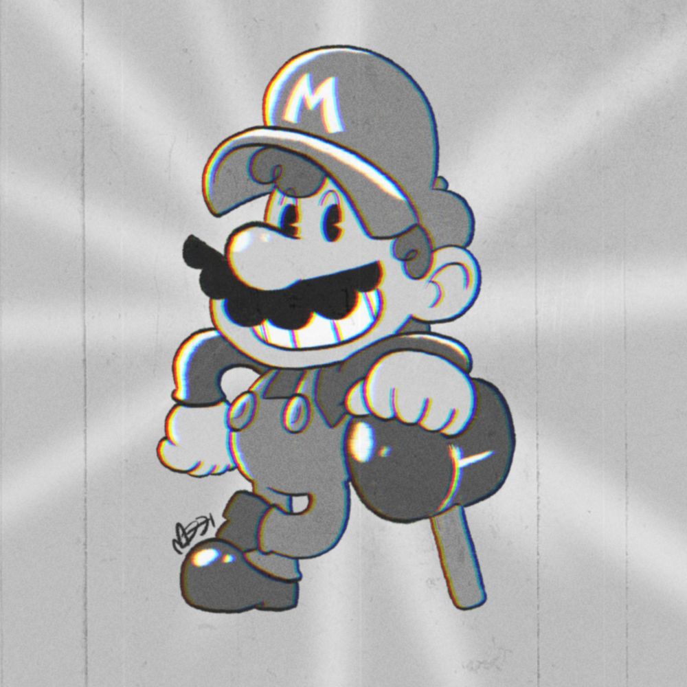 Super Mario, drawn in the style of an old black and white cartoon.