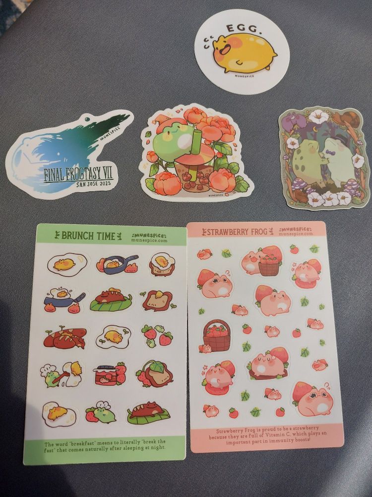Photo of multiple frog stickers and frog sticker sheets.