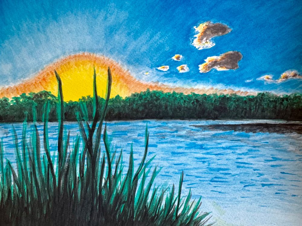 The final piece features bold shadows, detailed grasses, richly layered trees, glowing sunlight—bringing the whole scene to full, polished completion.