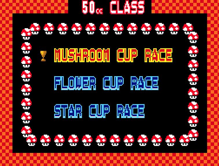 Screencap of my current progress of Super Mario Kart, featuring a small gold trophy by the Mushroom Cup Race in the 50cc Class.