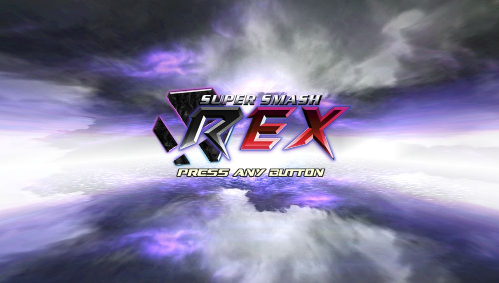 Super Smash REX's title screen. Simply the game's logo over a cloudy gray and purple background.