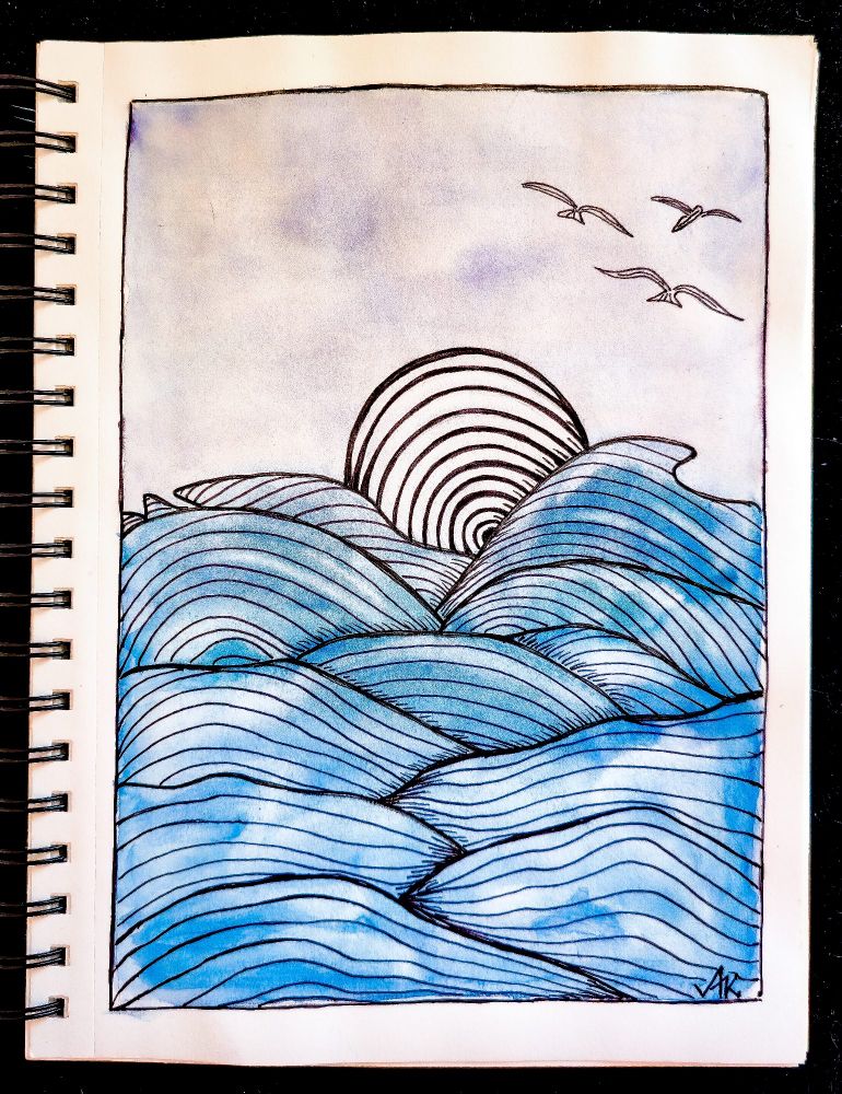 Watercolor and ink illustration of rolling blue waves with fine black contour lines, a stylized striped sun on the horizon, and three birds flying in the soft blue-gray sky.