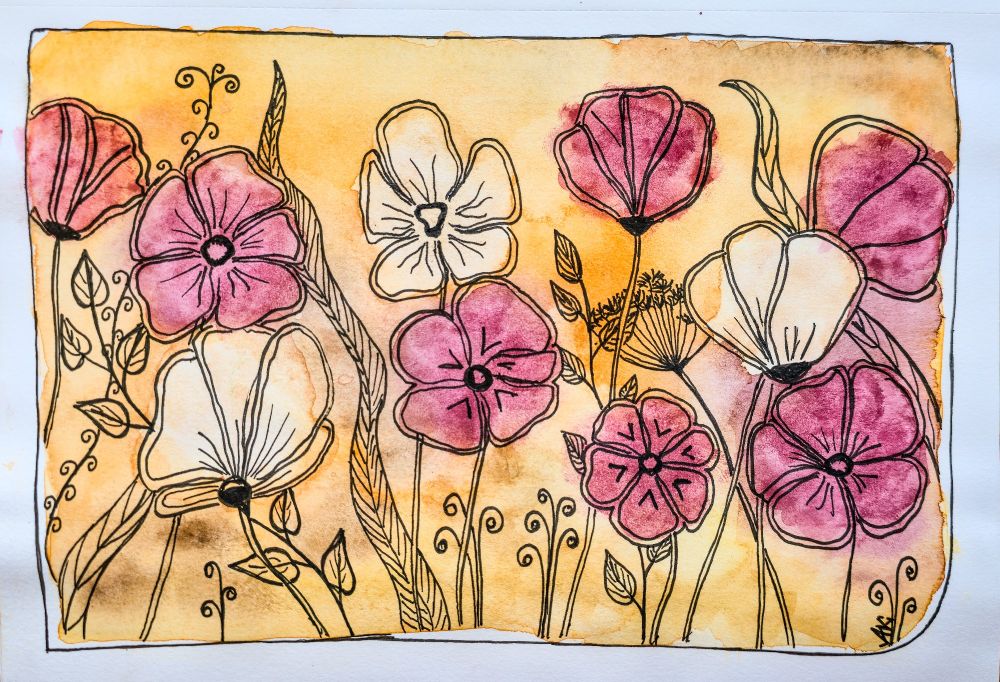 Watercolor painting with a warm yellow-orange background, overlaid with ink outlines of flowers. Some blossoms are filled with soft pink and red watercolor, while others remain outlined in black with no color. Stylized leaves and stems add a decorative touch.