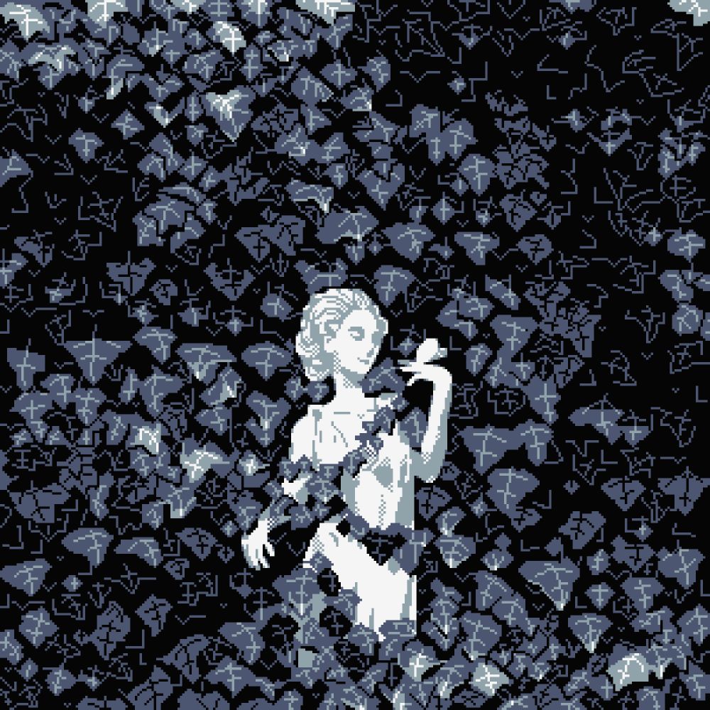 Statue of a woman looking at a butterfly on her hand. Surrounding her is a massive wall of english ivy. The colors are muted blue, black, and white.