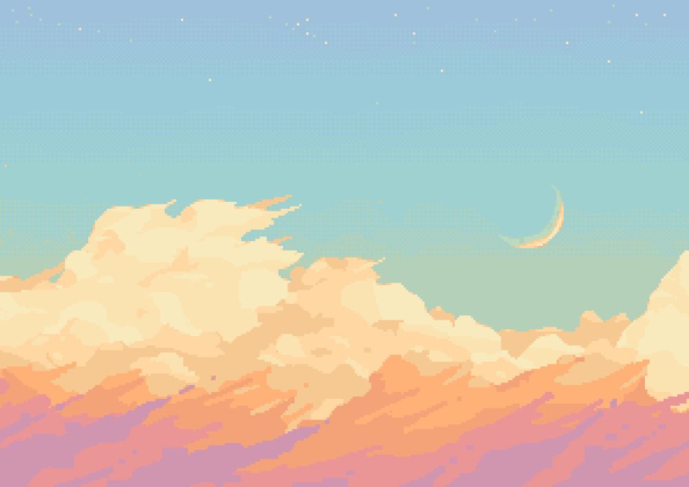 A sunset landscape of clouds going from off white to purple. The moon is visible along with a few stars.