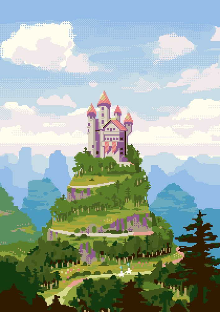 A large keep on an oddly steep hill with a spiral path leading up to it. There are trees and meadow along with a few cliff faces wrapping themselves up along the path. It is a bright sunny afternoon in the summer with puffy white clouds scattered across the sky.