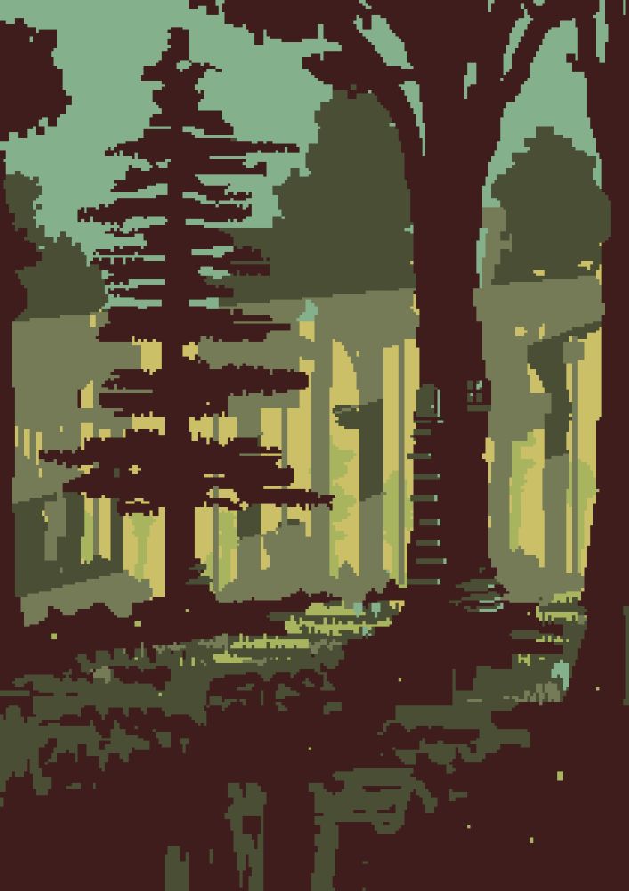 The forest at sunset with light streaming through the trees. There is a small ladder going up a tree to a door and window installed directly into it. Maybe a mouse lives there?