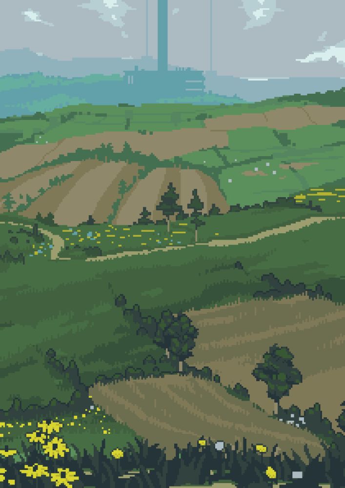 A hilly grassland with fields and wildflowers throughout stretches to the horizon. The entire landscape is shrouded in clouds. On the horizon are three large buildings reaching into the sky.