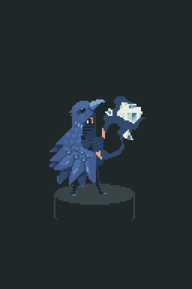 A character in a crow cloak holding their hands in the air controlling some chunks of quartz.