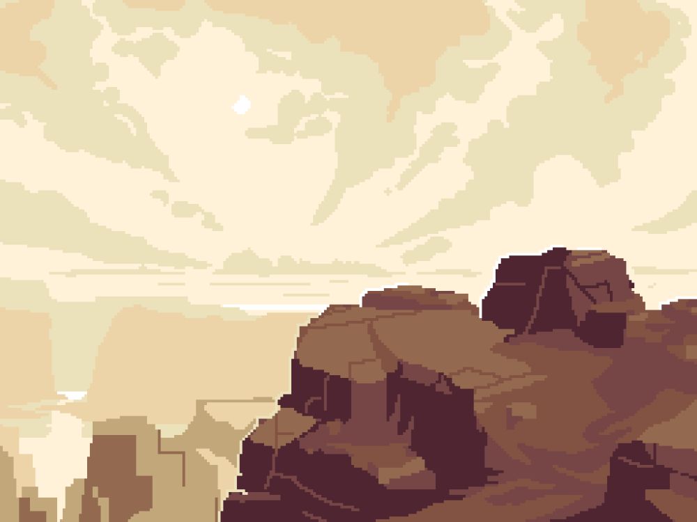 A red rocky outcropping against the backdrop of a deep canyon with water at the bottom. Fluffy clouds mottle the sky and a small faint moon is visible.