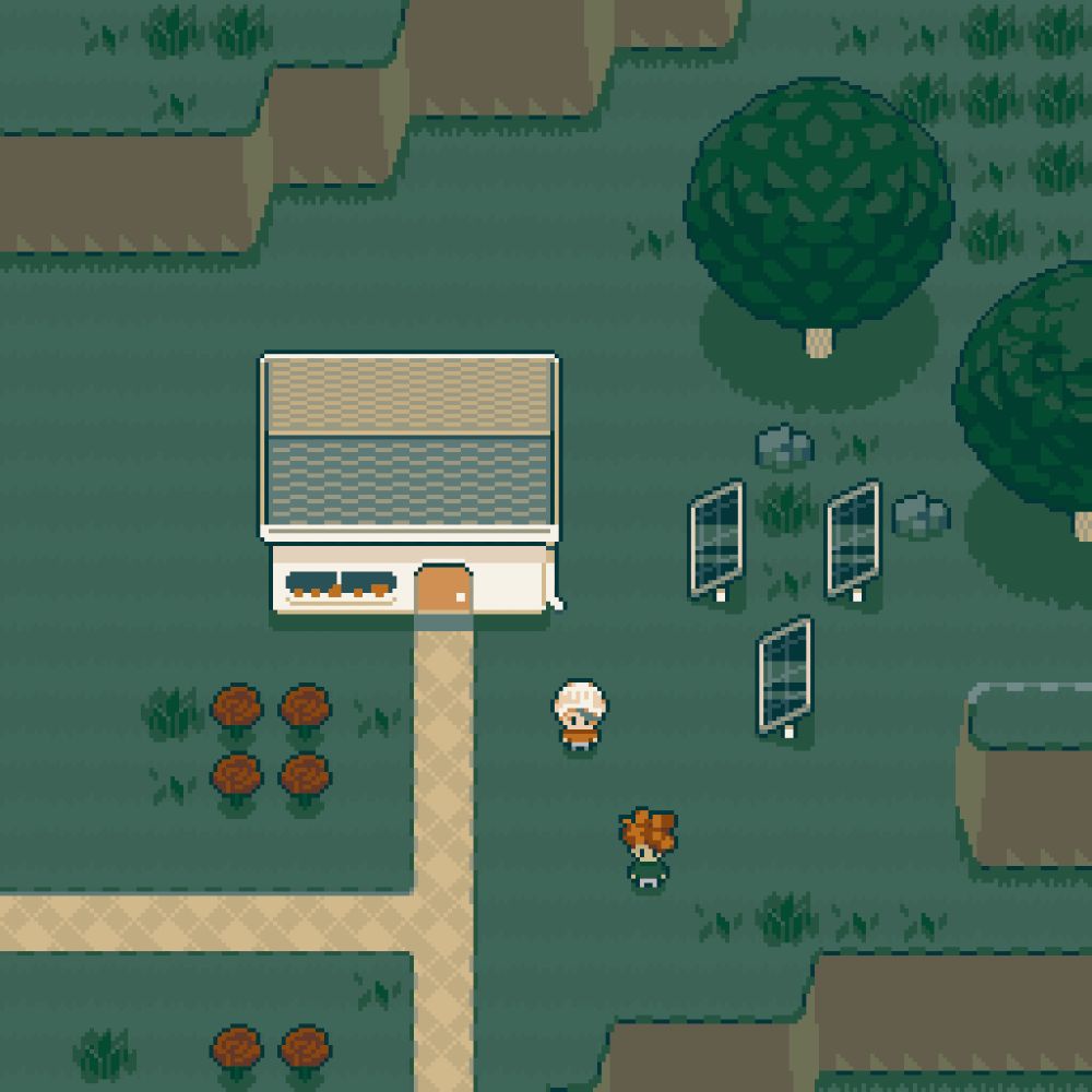 Top-down view of a yard with a small house, two trees, and some roses. There are two characters: one with a white beanie, and another with lumpy red hair. There is a patterned stone path leading from the house off the screen.