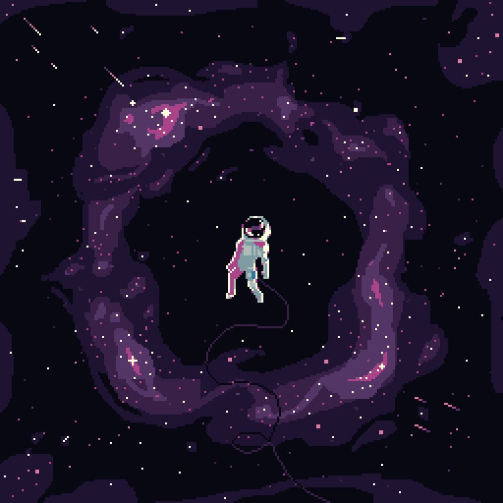 An astronaut in a white space suit floats in space. They are tethered to something out of sight. Behind them is a purple nebula shaped like a ring covered in stars.