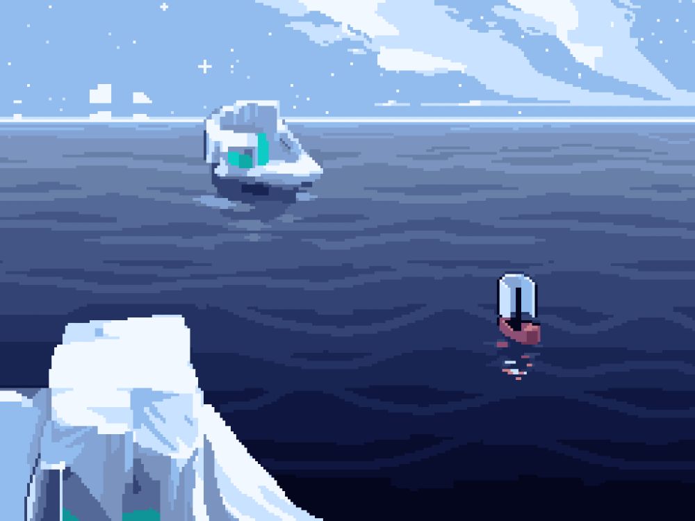 A few icebergs float in icy blue water along with a red sailboat. Stars are peeking out behind clouds as dusk sets in. In the distance, it appears as though the icebergs far away are floating, but that’s just a mirage.
