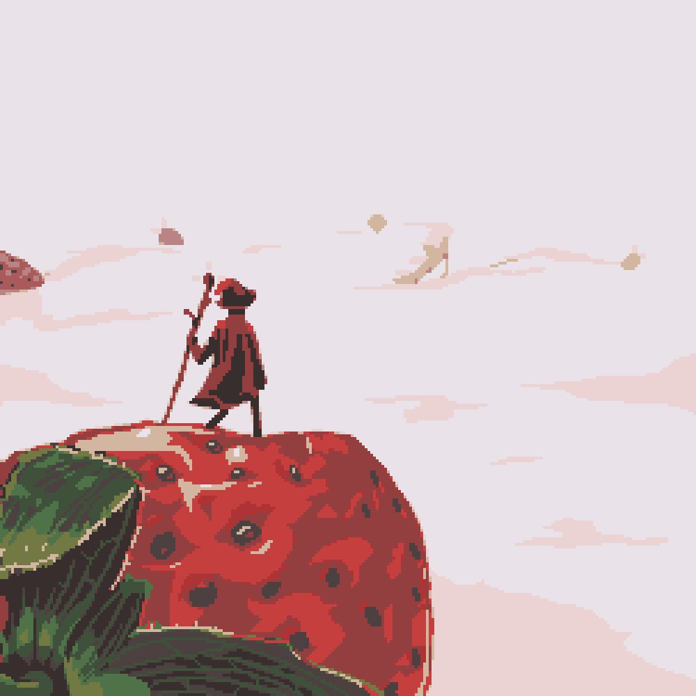 The top of a strawberry cake, but it’s a fantasy adventure and the strawberries are the size of massive boulders. Atop said boulder, is an adventurer with a cloak, staff, and wizard hat. The adventurer stares out into the distance towards a cliff that appears to have been made by taking a piece of this massive cake.
