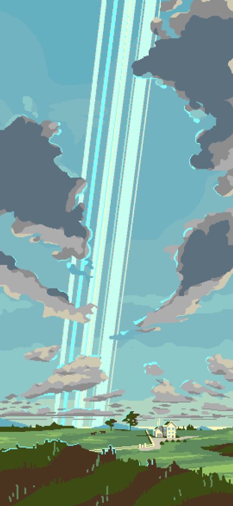 Image of a ranch in the distance, the sun is setting behind the viewpoint. There are a few trees and large animals. The sky is filled with pink clouds, and a line of planetary rings shine through the sky.