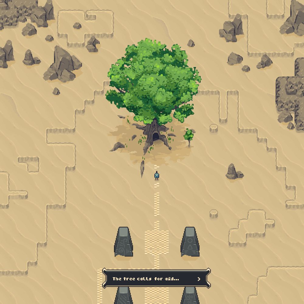 A massive lush oak tree stands in the middle of an otherwise desolate desert. On its approach is a sandstone path flanked by carved obsidian obelisks. A small character with a big backpack approaches the tree. A dialogue reads: "The tree calls for aid..."