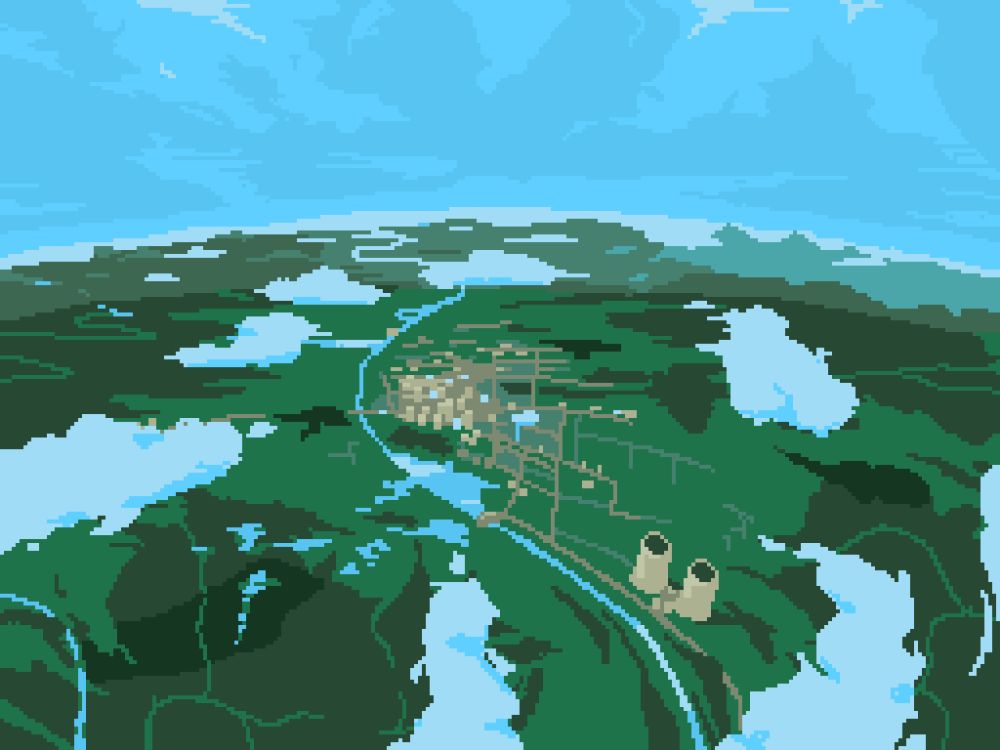 Aerial view of a city with massive a nuclear power plant. The city is surrounded by forest. There are puffy white clouds floating over the landscape as it recedes into the distance.