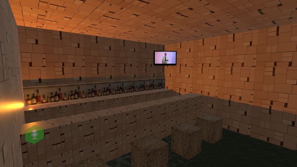 a screenshot of the low budget and shady bar located in the nat squared world being of questionable quality with a TV showing the first episode of Dad Feels