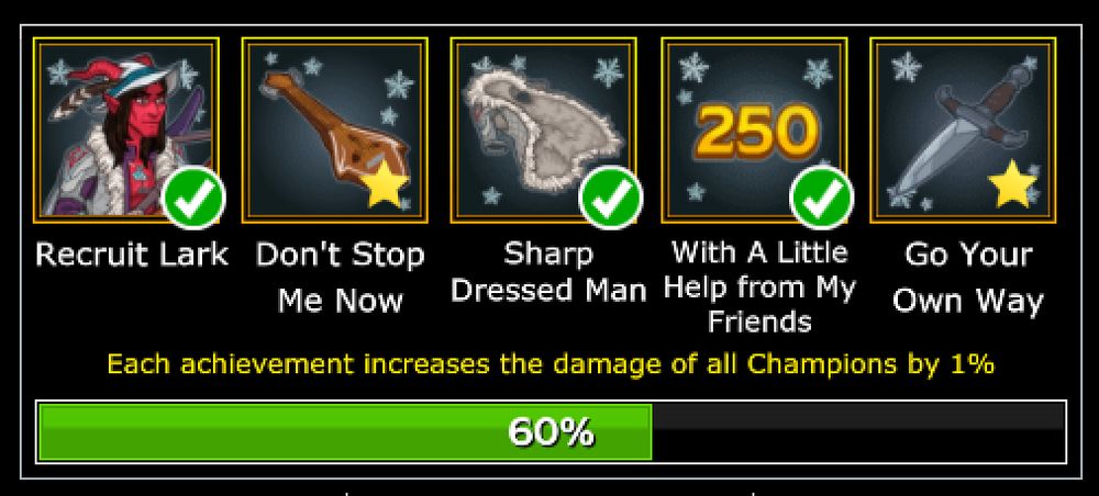 The achievements for Lark of the Fallbacks in Idle Champions: "Don't Stop Me Now" (Queen), "Sharp Dressed Man" (ZZ Top), "With A Little Help From My Friends" (The Beatles), and "Go Your Own Way" (Fleetwood Mac).