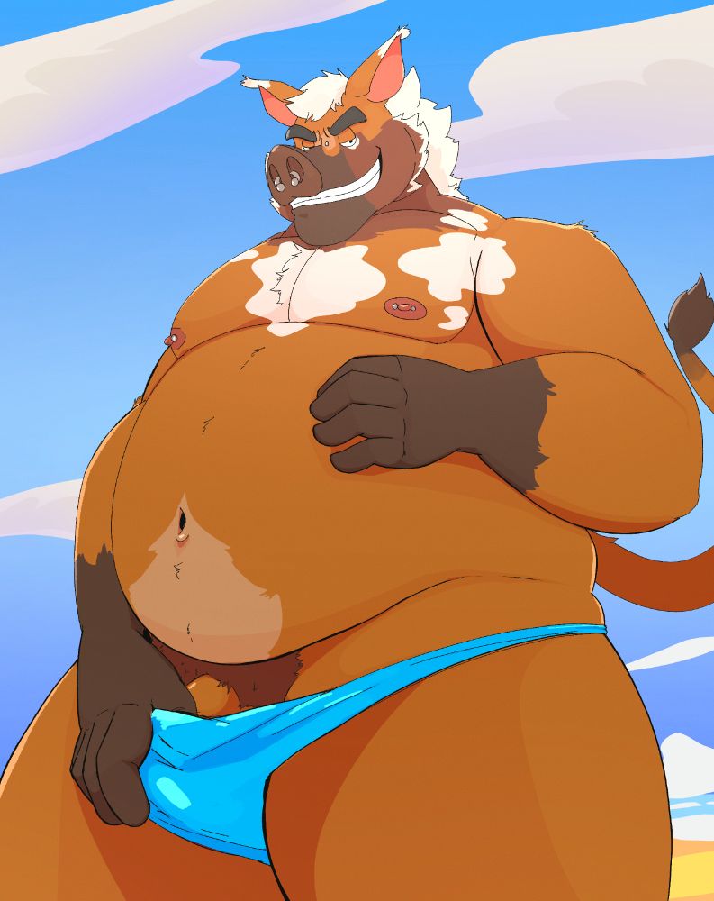On a sunny ocean beach, a chubby anthro red river hog dressed only in a swimsuit greets you.
"You made it! Let's take a dip after we slip into something more ~comfortable~"
He draws out that last word, grinning broadly at you as he slowly starts to pull down his bright blue speedo, leaving nothing to the imagination. 