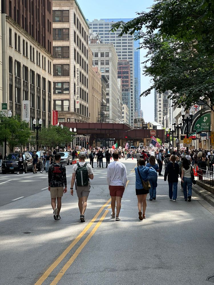 People walking down the street toward the Loop tracks and a large number of protesters walking north on Wabash Ave