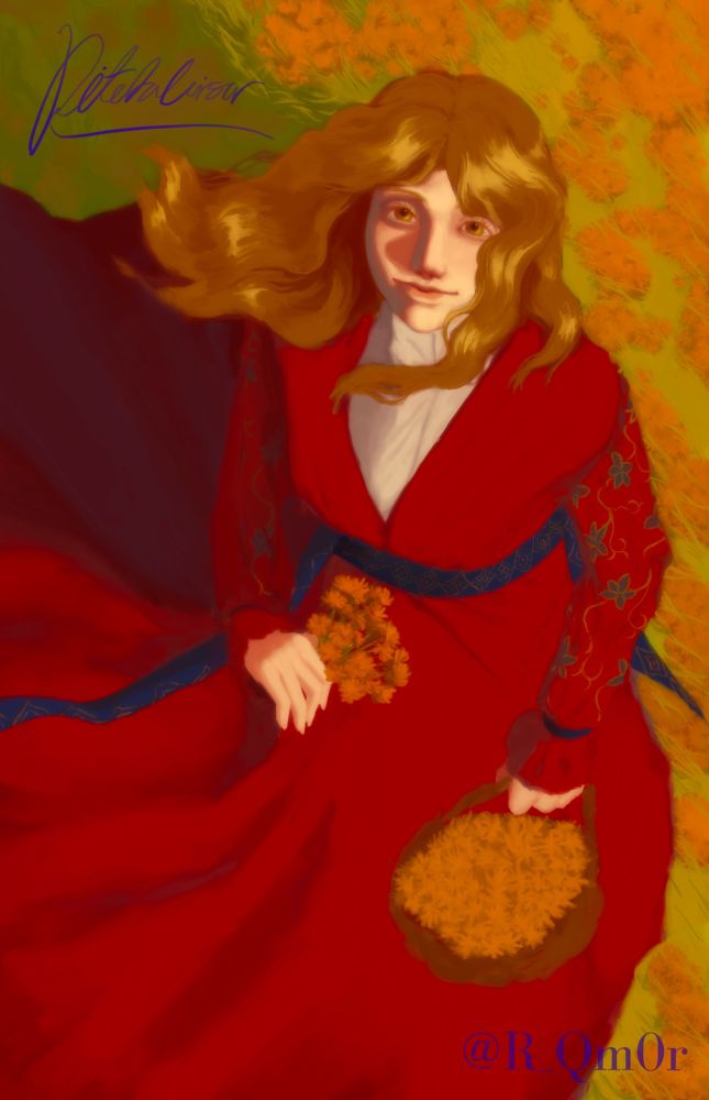 A woman with a brunette hair and golden eyes wearing a red dress is standing in a yellow flower field, she is collecting them.