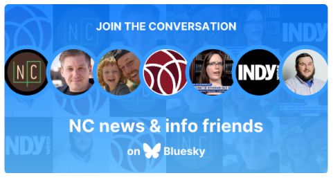 A screen shot of Bluesky's graphic to promote starter packs, which is blue and white and includes avatars for six news orgs and journalists with NC Local's logo in the middle. 