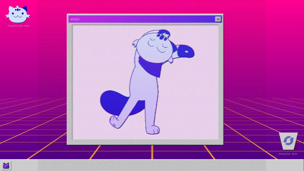 Digital art that looks like an old PC desktop screen. In the top left is a program icon that looks like a cat face, with the text "chipflake.exe" below it. In the bottom right is a bin icon with a recycling logo on it, and text below reading "recycle bin". In the centre is a program with a dancing anthropomorphic cat inside it, the window header reads "woah".