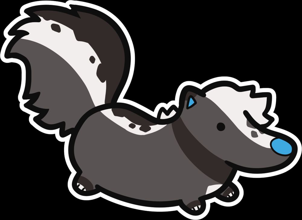simple cartoon digital illustration of a skunk with a blue nose (Socks), transparent background