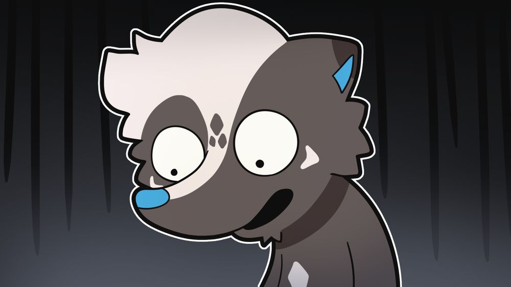 The same cartoon skunk illustration from the previous image, but zoomed in and with a dark background 