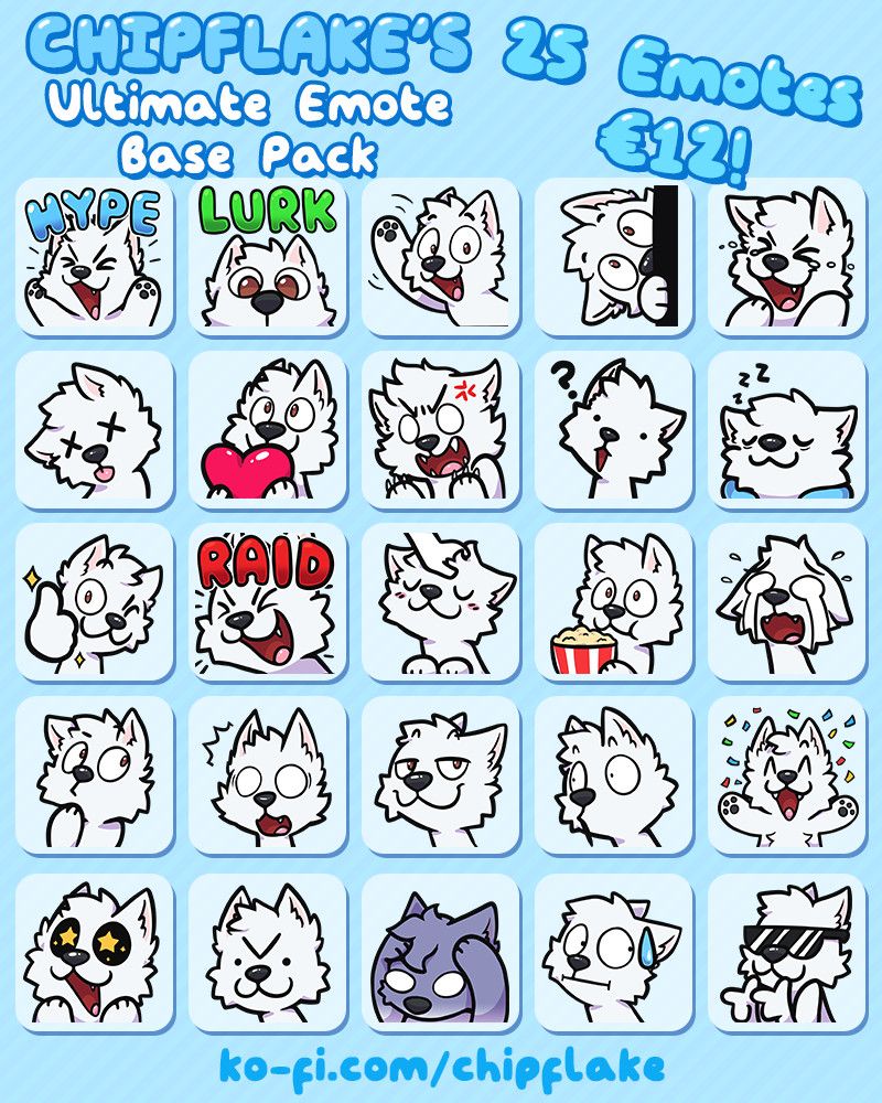 A sheet of digitally illustrated emotes featuring a white-furred wolf/fox-like character
