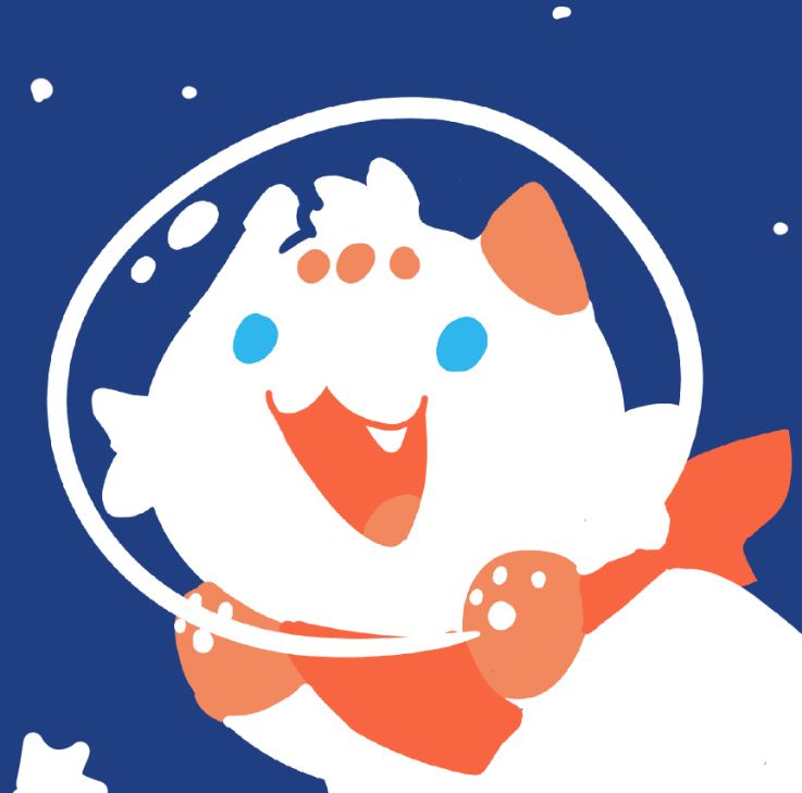 Rough digital concept art featuring a white & brown cat (Chip) in space