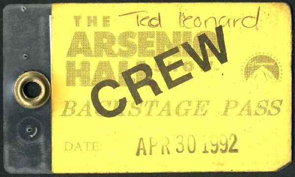 Crew pass for the Arsenio Hall show with Lou Reed on April 30, 1992, the night of the LA riots. 