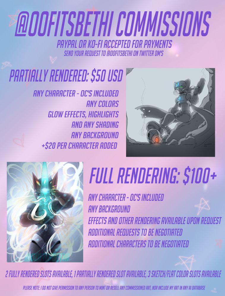 Commission Prices
Partially Rendered $50, any character, any colors, some effects, any shading, any background, +$20 per extra character
Full Render $100+, any character, any background, effects and rendered available upon request, additional request to be negotiated, additional characters to be negotiated