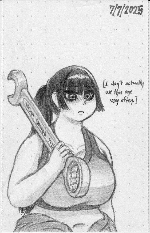 tall black-haired woman half-wearing coveralls holds a very large wrench slung over her shoulder, saying she "doesn't use this one very often"
