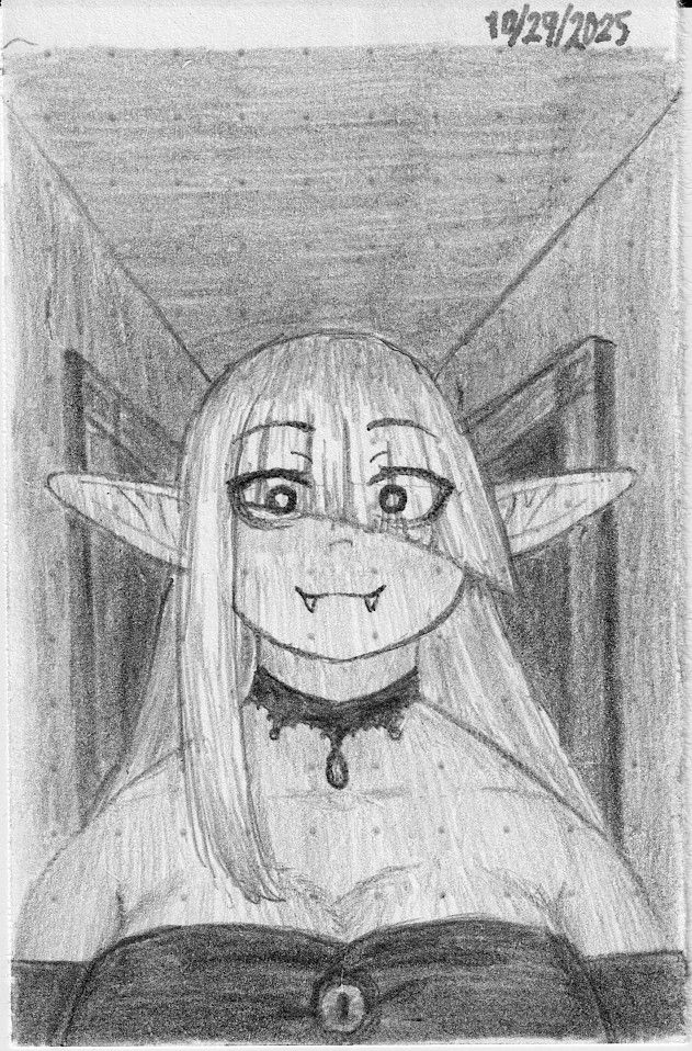Vespa, with fake fangs, lace choker, and fancy dress, greets the viewer from the darkened entryway of her house