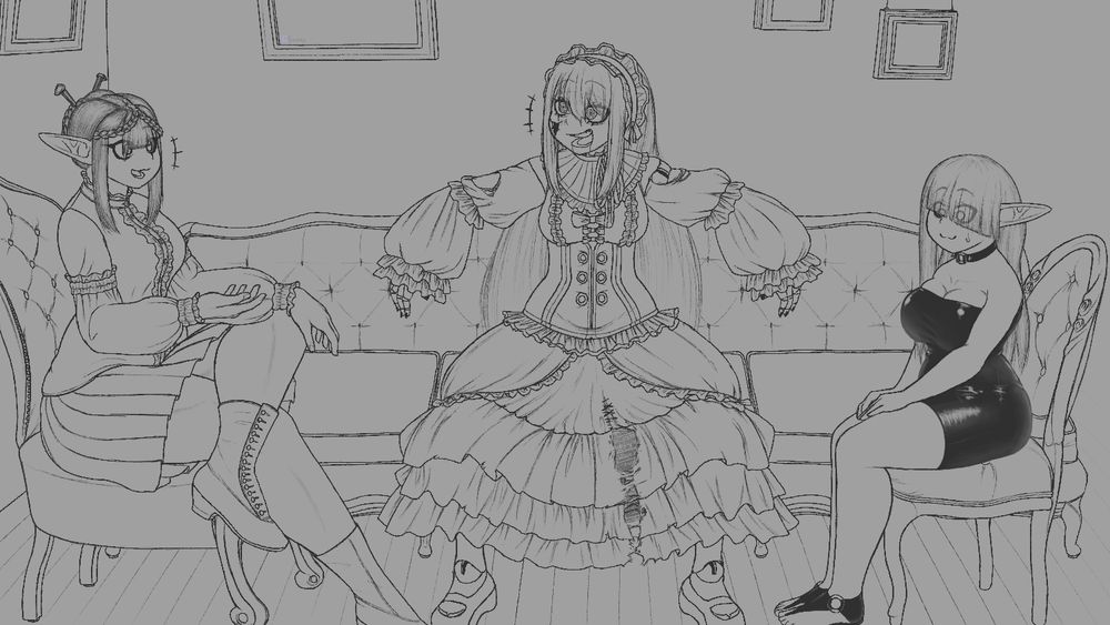 Jowol, Vespa, and Spina chatting in a Victorian parlor; Jowol is man-spreading, and Spina is sitting with her legs crossed improperly