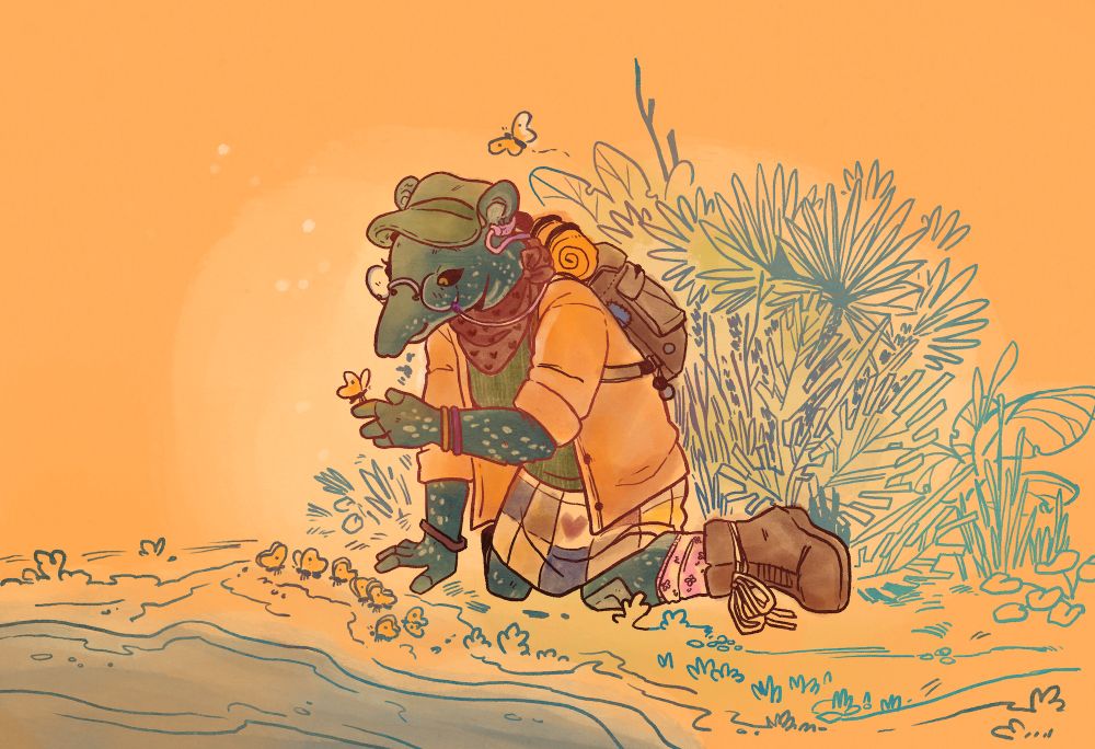 Colored digital sketch of a baby tapir anthro character kneeling by some butterflies who are puddling. She holds one butterfly on her hand and admires it. 