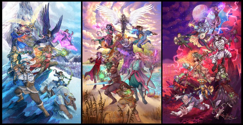 Cait's new triptych of the Critical Role campaigns. On the left Vox Machina ready for battle on top of snowy Vasselheim mountains. In the middle, the Mighty Nein gear up in front of a Rumblecusp sunset. On the right, Bell's Hells leap into the fight on the surface of Ruidus. There is a watermark over all three images: Cait May www.caitmayart.com