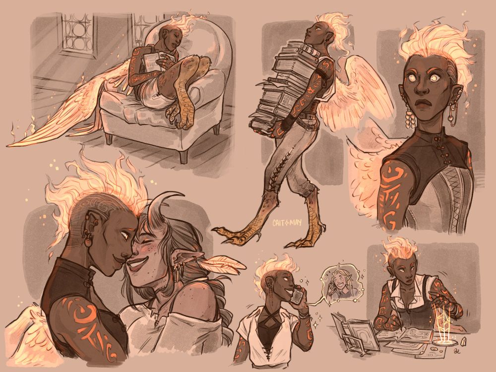 a sketch page full of doodles of Ayda Aguefort ( from Dimension 20's Fantasy High)

top left - Ayda snoozing curled up on an armchair, a book open on her chest. 

top center - Ayda walking with a stack of books tucked under her chin

top right - Ayda looking seriously to something off-left

bottom right - Ayda and Fig smiling and pressing their foreheads together lovingly

bottom center - Ayda on the phone with Adaine 

bottom right - Ayda practicing her wizardry
