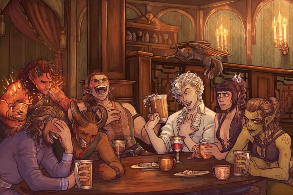 A digital fanart of the main companions from BG3 sitting at a tavern table. Astarion has finished telling a story, Gale, Wyll, and Halsin are laughing uproariously. Karlach is spitting out her drink laughing, while Shadowheart looks disturbed and Lae'zel looks playfully annoyed