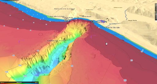 A colour-coded bathymetric relief map (with vertical height exaggerated) showing the huge canyon running out from the Portuguese coastline called the Nazaré Canyon.
